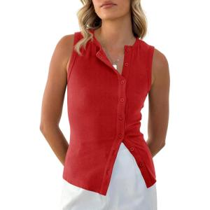 imageCicy Bell Womens Button Down Tank Tops Summer Sleeveless Vest Tops Trendy Ribbed Fitted Going Out ShirtsRed