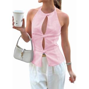 imageCicy Bell Womens Crop Bow Halter Tank Tops Cute Backless Tie Front Cut Out Tops Keyhole Y2k Summer Sleeveless ShirtsPink