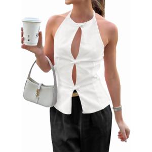 imageCicy Bell Womens Crop Bow Halter Tank Tops Cute Backless Tie Front Cut Out Tops Keyhole Y2k Summer Sleeveless ShirtsWhite