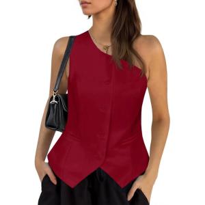 imageCicy Bell Womens One Shoulder Blazer Vest Summer Fitted Button Down Waistcoat Trendy Work Sleeveless Suit TopsBurgundy