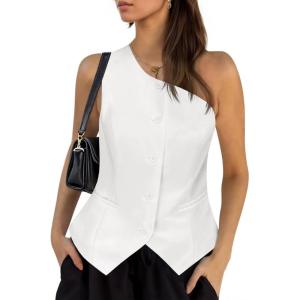 imageCicy Bell Womens One Shoulder Blazer Vest Summer Fitted Button Down Waistcoat Trendy Work Sleeveless Suit TopsWhite