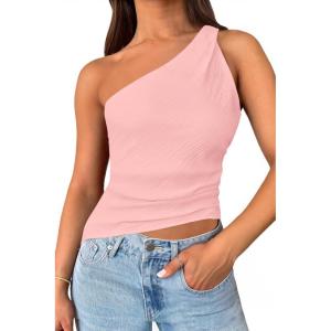 imageCicy Bell Womens One Shoulder Tank Tops Summer Going Out Tops Ruched Asymmetrical Sleeveless Shirts Pink