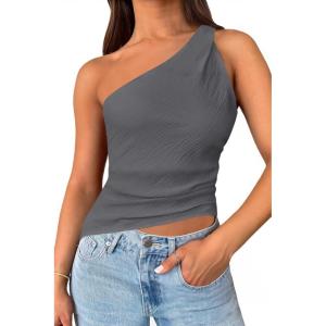 imageCicy Bell Womens One Shoulder Tank Tops Summer Going Out Tops Ruched Asymmetrical Sleeveless ShirtsDark Grey