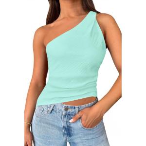 imageCicy Bell Womens One Shoulder Tank Tops Summer Going Out Tops Ruched Asymmetrical Sleeveless ShirtsMint Green