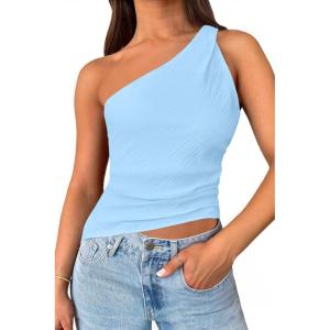 imageCicy Bell Womens One Shoulder Tank Tops Summer Going Out Tops Ruched Asymmetrical Sleeveless ShirtsSky Blue