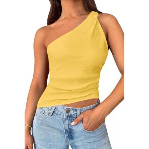 imageCicy Bell Womens One Shoulder Tank Tops Summer Going Out Tops Ruched Asymmetrical Sleeveless ShirtsYellow