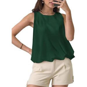 imageCicy Bell Womens Silk Satin Cropped Tank Tops Bubble Hem Summer Trendy Sleeveless Shirts Crew Neck Loose Fit BlousesDark Green