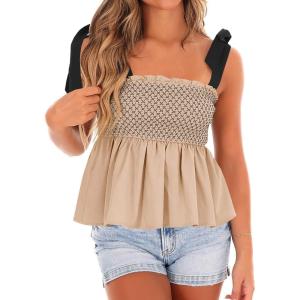 imageCicy Bell Womens Summer Babydoll Tank Tops Smocked Square Neck Casual Sleeveless Shirts Beach Backless Peplum Blouses Khaki