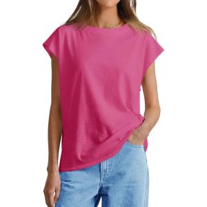 imageCicy Bell Womens Summer Cap Sleeve Tank Tops Casual Crew Neck Tshirts Trendy Loose Fit Basic Tee ShirtsBright Pink
