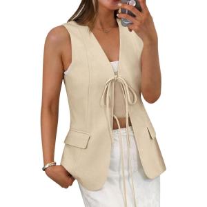 imageCicy Bell Womens Tie Front Blazer Vest Summer Sleeveless V Neck Tank Top 2025 Casual Business WaistcoatLight Khaki