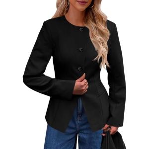 imageCicy Bell Womens Business Casual Fitted Blazers Collarless Split Hem Work Office Button Down Suit JacketsBlack