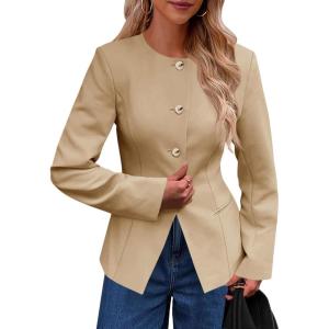 imageCicy Bell Womens Business Casual Fitted Blazers Collarless Split Hem Work Office Button Down Suit JacketsKhaki
