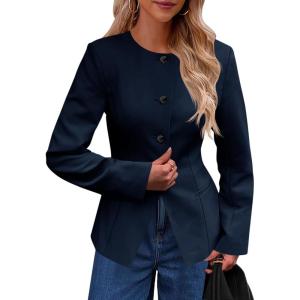 imageCicy Bell Womens Business Casual Fitted Blazers Collarless Split Hem Work Office Button Down Suit JacketsNavy