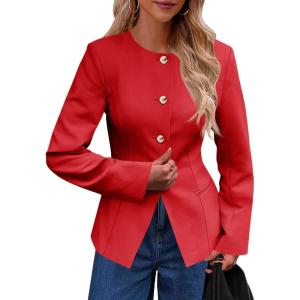 imageCicy Bell Womens Business Casual Fitted Blazers Collarless Split Hem Work Office Button Down Suit JacketsRed