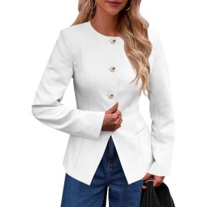 imageCicy Bell Womens Business Casual Fitted Blazers Collarless Split Hem Work Office Button Down Suit JacketsWhite