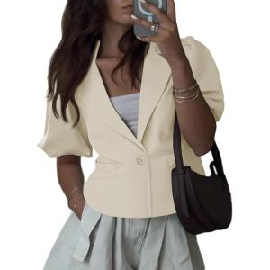 imageCicy Bell Womens Puff Short Sleeve Blazers Business Casual Button Down Lightweight Suit JacketsApricot