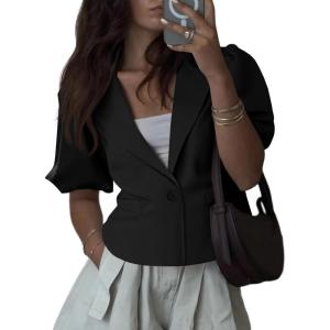 imageCicy Bell Womens Puff Short Sleeve Blazers Business Casual Button Down Lightweight Suit JacketsBlack