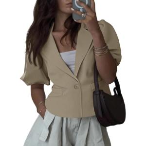 imageCicy Bell Womens Puff Short Sleeve Blazers Business Casual Button Down Lightweight Suit JacketsDark Khaki