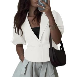 imageCicy Bell Womens Puff Short Sleeve Blazers Business Casual Button Down Lightweight Suit JacketsWhite