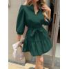 imageCicy Bell Womens Puff 34 Sleeve Mini Dresses Bow Tie Waist V Neck Casual Trendy Ruffle Tiered Short DressesDark Green