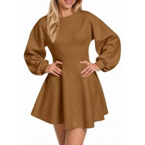 imageCicy Bell Womens Puff Long Sleeve Sweater Dresses Casual Trendy ALine Short Mini Dress Fall High Waisted Skater DressBrown
