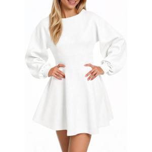 imageCicy Bell Womens Puff Long Sleeve Sweater Dresses Casual Trendy ALine Short Mini Dress Fall High Waisted Skater DressWhite