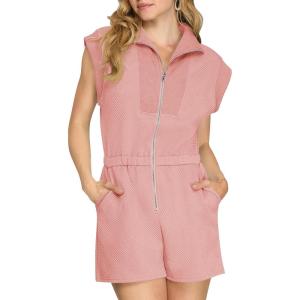 imageCicy Bell Womens Casual Cap Sleeve Rompers Textured Zip Up Collared Short Jumpsuit Elastic Waist Summer OutfitPink